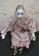 Mardi Gras Doll Harlequin Figurine Purple Gold Metallic Porcelain Clown 8 Inch picture