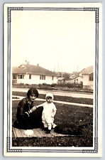 Woman And Baby On Mat In Yard, Fashion, Houses, Vintage Antique Photograph OOAK picture