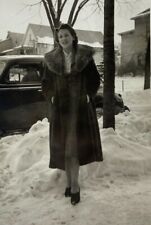 Pretty Woman In Long Jacket Standing In Snow B&W Photograph 2.75 x 4.5 picture
