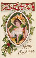 Vintage Happy Christmas Postcard 1909 Woman Victorian Dress Bonnet Flowers Berry picture