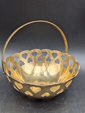 Vintage Solid Brass Heart Basket Made in India Antique Brass Patina Solid Handle picture