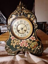 Antique French Gilded Marti Fine Black Floral Porcelain Escapement Mantle Clock picture