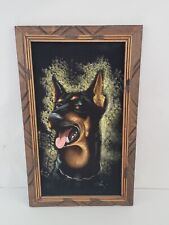 Vintage Doberman Pinscher Velvet Framed Painting Black Dog Wall Art Signed B picture