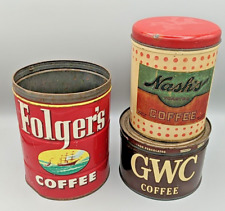 VINTAGE COFFEE TIN CAN LOT OF 3. FOLGER'S, NASH'S & GWC COFFEE picture