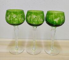 Beautiful Vintage Bohemian Cut To Clear Green Wine Art Glasses Goblets Set Of 3 picture