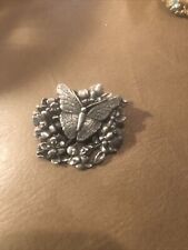 Vtg 1998 Birds & Blooms Pewter Butterfly & Flowers Lapel Brooch Pin picture