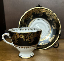 Gladstone Bone China Teacup and Saucer, Black W/Gold Trim, Signed, #36011 picture