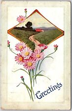 1909 Greetings Flower Bouquet Landscape Posted Postcard picture