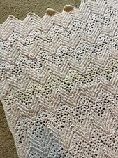 Granny Knit Handmade Crochet Afghan Blanket Throw Vintage Ivory Chevron 54x40 picture