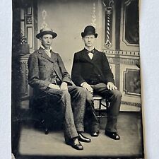 Antique Tintype Photograph Handsome Young Fashionable Men Bowler Boater Hat picture