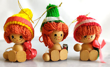 3 Vtg? Wooden Girls with Yarn Hair In Stocking Caps~Christmas Ornaments~2.5 inch picture