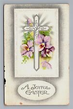 A Joyful Easter Silver Embossed Cross Light Purple Flowers Old Postcard 1910s picture