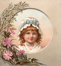 1880s-90s Young Girl in White Dress and White Bonnet Hat Blue Ribbon Trade Card picture