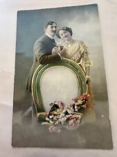 Antique Postcard Happy Couple With Lucky Horseshoe Gold Gilt #562 picture