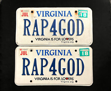 2018 Virginia License Plate Pair RAP4GOD ...... PERSONALIZED / VANITY picture