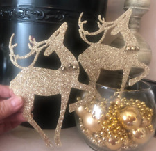 SET 2 Vtg Gold Glitter Plastic PRANCING REINDEER XMAS ORNAMENTS Jingle Bells 1 picture