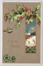 A Merry Christmas~11226~11227~Brilliant~Holly Berries~Clovers~Birds~PM 1910 PC picture