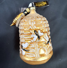 HONEY BEE & BEEHIVE HAND BLOWN GLASS SPUN 2 PC CHRISTMAS TREE ORNAMENT GERMANY picture