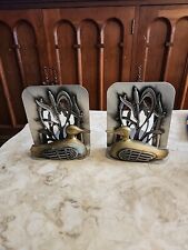 VINTAGE 2-COLLECTIBLE METZKE BRASS PEWTER DUCK CATTAILS BOOKENDS  picture