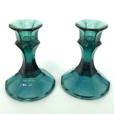 Vintage Indiana Glass Candlestick Holders Emerald Teal Green 4