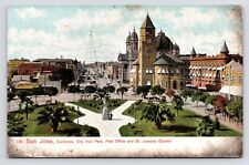 c1900s~San Jose CA~Market St. & Post Office from City Hall Park~Antique Postcard picture