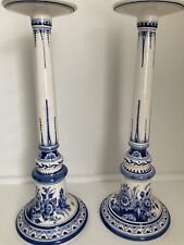 Pair DELFT Holland Blue & White Floral Candle Stick Holders 16” tall picture