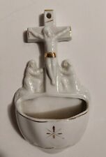 GOLD GILDED PORCELAIN HOLY WATER FONT, STOUP. DETAILED CHRIST ON CROSS. 5 1/2