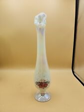 Fenton White Iridescent Swung Glass Vase Hand painted Signed D. Anderson 11 1/4