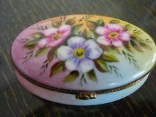 VINTAGE LIMOGES PORCELAIN OVAL BRASS HINGED CASE HAND PAINTED PINK BLUE FLOWERS picture