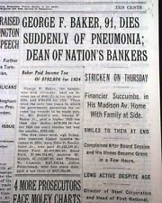 GEORGE FISHER BAKER New York Financier DEATH Al 'Scarface' Capone 1931 Newspaper picture