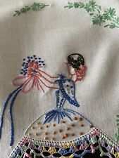 VTG White LINEN Hand Emb Dresser Scarf~ 18” x 40” SOUTHERN BELLES~ Crochet Trim picture