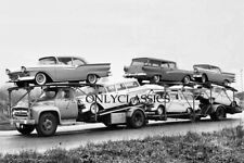 1957 NEW FORDS ON 1955 TRUCK CAR HAULER TO AUTO DEALER 8X12 PHOTO AUTOMOBILIA picture