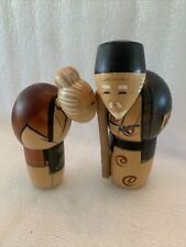 Kokeshi Wooden Old People Cane  Made In Japan 5.1/4” & 4.3/8” Solid Signed picture