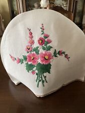 Vintage English Embroidered Linen Tea Cozy w/Shades of Pink Hollyhock Flowers picture