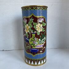Asian Cloisonne Cylinder Vase Blue Deer Yellow Flower picture