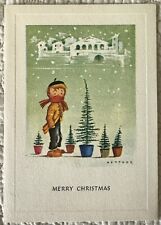 Unused Christmas Boy Pine Tree In Pot Vintage Greeting Card 1940s 1950s Spain picture