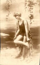 GA146 Original Post Card Photo VINTAGE BATHING BEAUTY Barefoot Swimsuit Lady picture