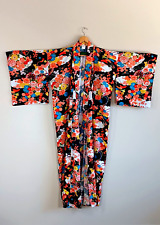 VTG Kimono Robe Large Long Black Multicolor Floral Rayon Made in Japan picture
