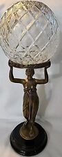 Vintage Brass/Bronze Grecian Lady Figurine Holding Glass Orb on Pedestal 14.5