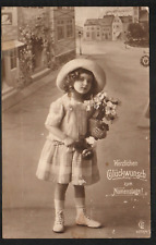 Antique RPPC Real Photo Postcard Pretty Little German Girl Hat Flowers 1916 picture