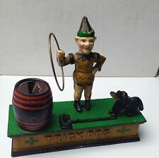 Antique Cast Iron Mechanical Coin Bank- Trick dog Jumps Through Hoop-drops coin picture