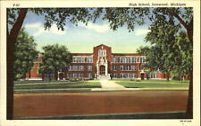 High School  ~ Ironwood Michigan MI ~ 1940s linen postcard picture