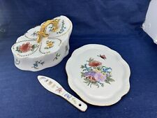 Vintage Hand Painted Floral Covered Butter Dish And Knife Set Signed Gold Trim picture