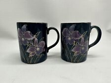 2 Otagiri Japan Coffee Mugs Blue with Purple Iris Orchid Flowers Floral Gold Tri picture