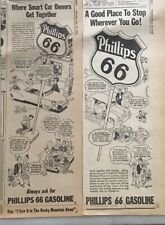Two 1949 newspaper ads for Phillips 66 - Stan Randall art, service station scene picture