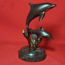 Brass Dolphin and Baby Swimming Art Sculpture Figurine On Marble Base picture