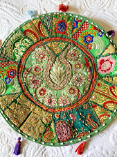 VINTAGE EMBROIDERY & BEADED LARGE ROUND INDIAN CUSHION COVER ~ 17