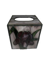 LEADED STAINED GLASS SQUARE TISSUE BOX HOLDER WITH FLOWER PURPLE & GREEN IRIS picture