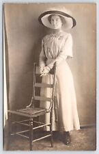 RPPC Lovely Lady~Dress w/Big Buttons~Bigger Round Hat~Pendant Pocket Watch  picture