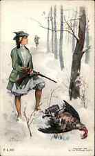 A/S WF Burger Woman Hunter Rifle Dead Turkey c1910 Vintage Postcard picture